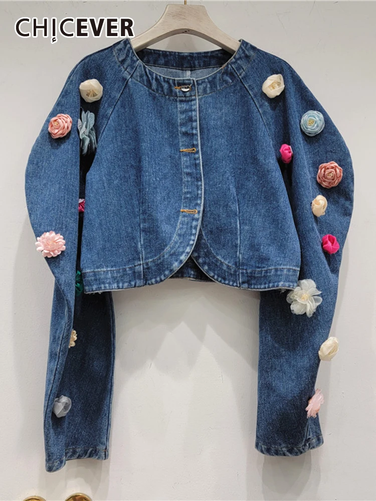 

CHICEVER Casual Fashion Patchwork Appliques Short Jackets For Women Round Neck Long Sleeve Spring Hit Color Denim Coat Female