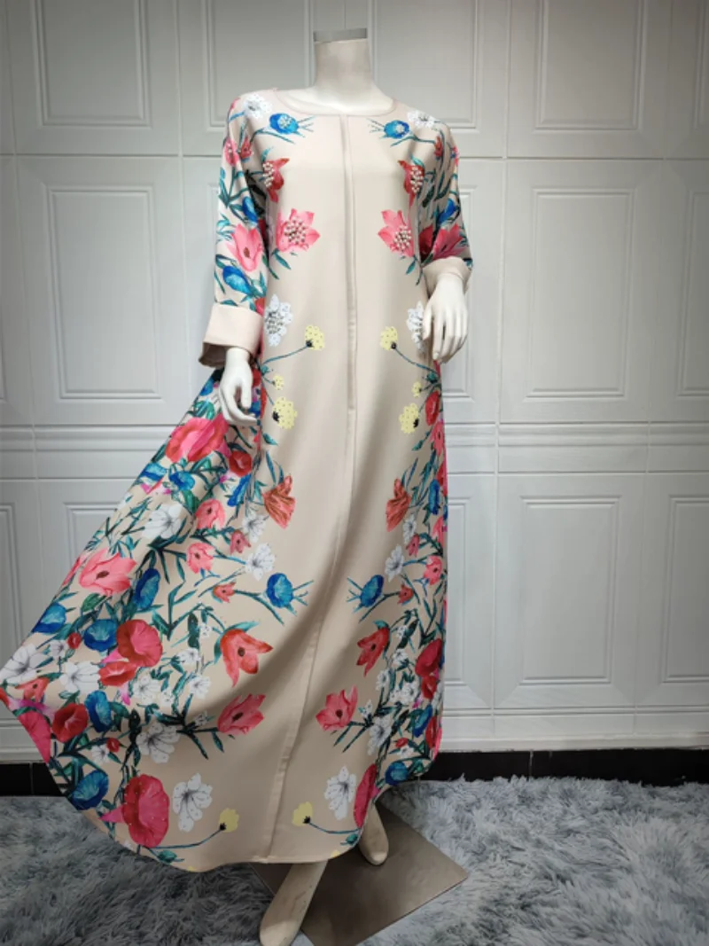 Vestidos Eid Muslim Women 2023 Beading Floral Print Dress Abaya Party Dresses Dubai Arab Turkey Ramadan Abayas Caftan Kaftan