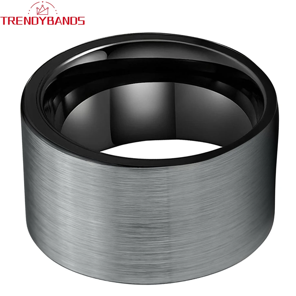 10mm 12mm Mens Womens Large Black Classic Tungsten Carbide Ring Wedding Band Pipe Cut Brushed Finish Comfort Fit