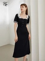 fsle office lady navy collar retro square collar black dress summer 2021 hepburn black dress french high waist long dress