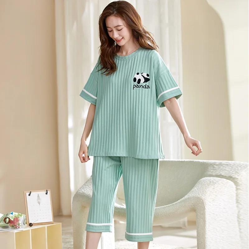 

Women Pajamas Sets Summer Full Pure Cotton Sleepwear Short Sleeve Cropped Trousers Pyjamas Female Home Suit M-5XL