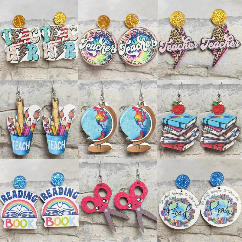 Деревянные серьги в школьном сезоне, женские милые Мультяшные Обучающие товары, линейка, ножницы, глобус, кофейная чашка, серьги-капли, подарок на День учителя