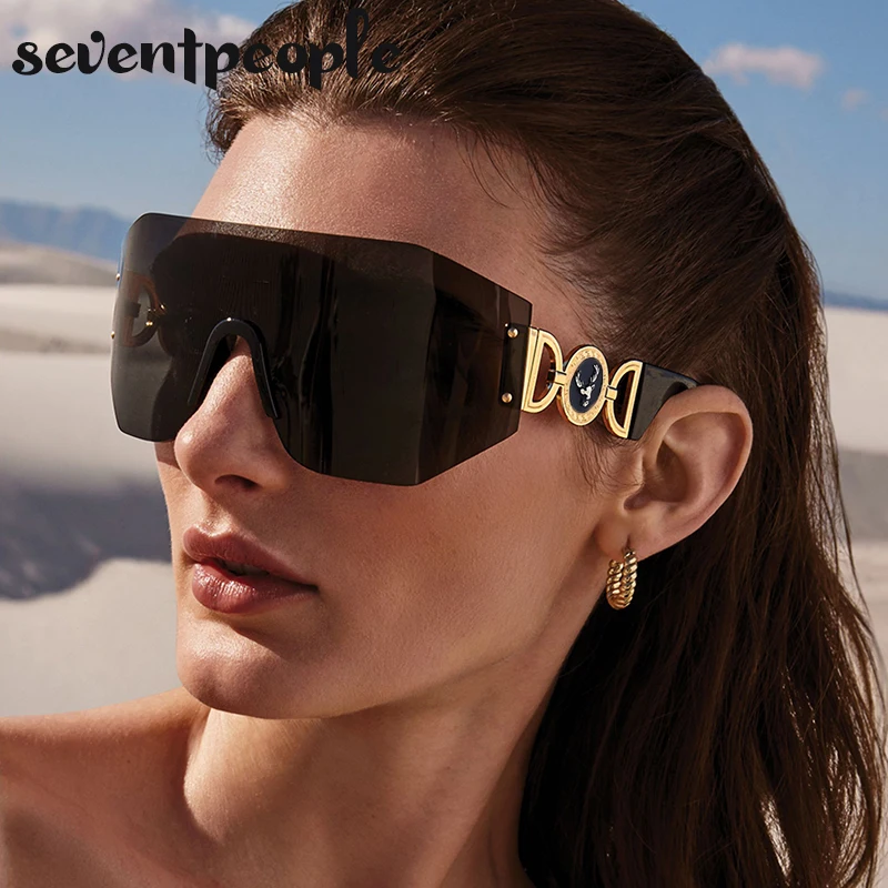 

Oversized Shield Sunglasses Women 2023 Luxury Brand Designer Fashion Irregular Sun Glasses For Men Rimless Steampunk Sunglass