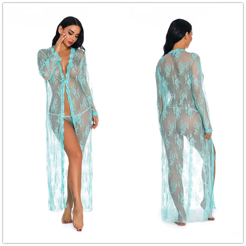 

Women Sexy Lace Sleeping Lingerie Robes See-through Solid Long Sleeve V-neck Sashes Nightgown Sexi Voile Robes Nightwear