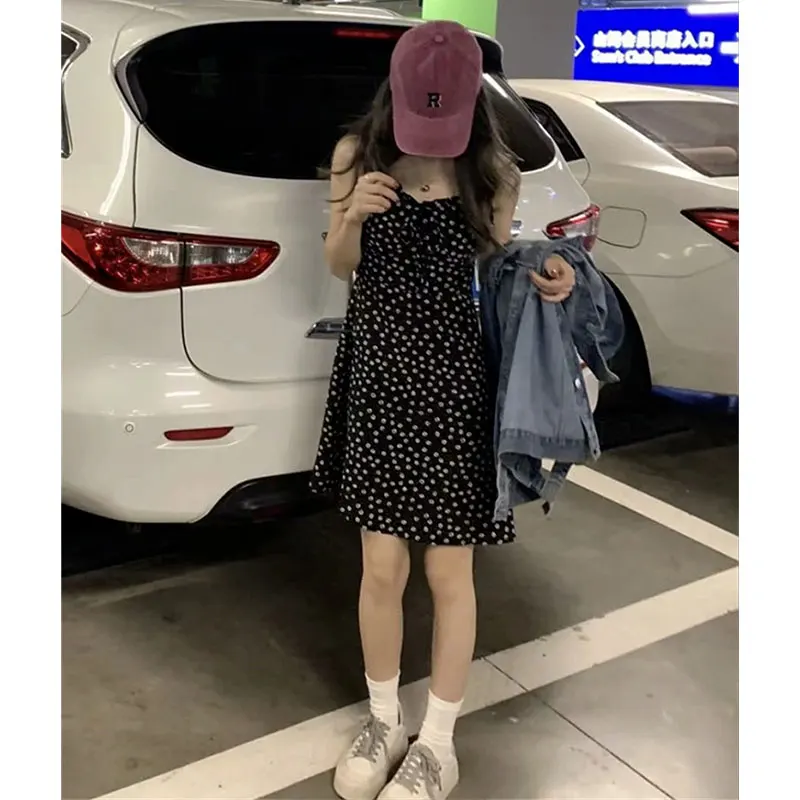 

Платье женское шифоновое с цветочным принтом, базовое однотонное модное уличное, приталенное черное, во французском стиле