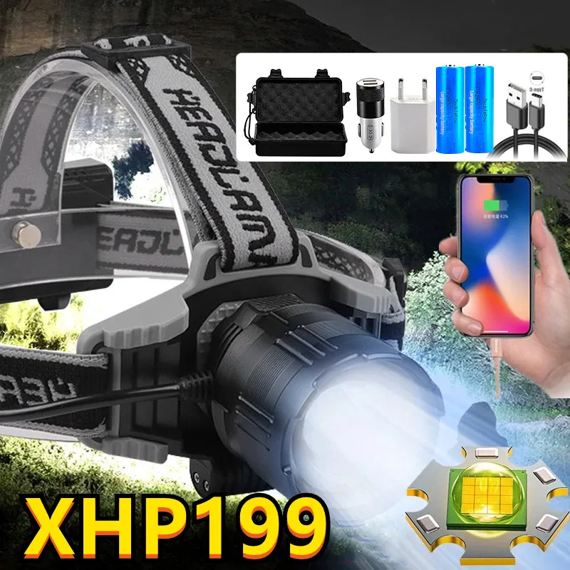 18650 лм супер фонарик XHP199 16-ядерный светодиодный фонарь USB зум Фонарь налобный для