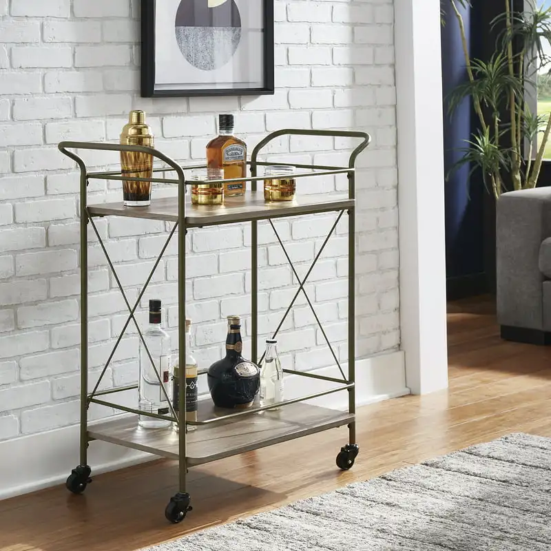 

Home Zackary Bronze Metal X-Frame Bar Cart with Walnut Wood Shelf