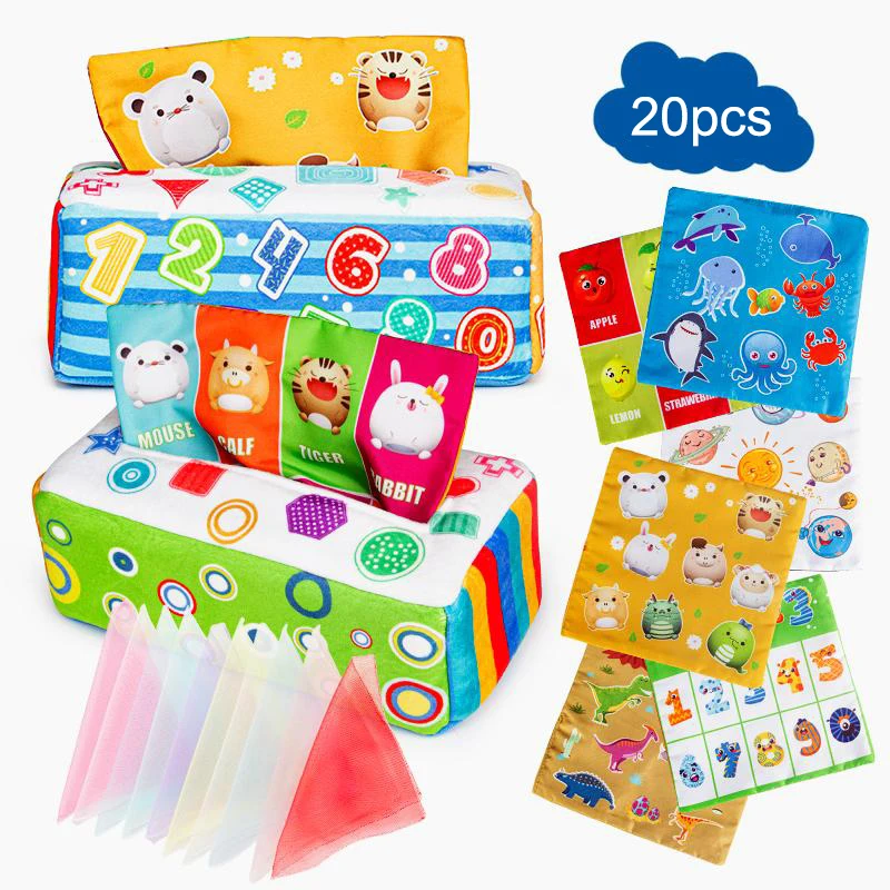 

20pcs Baby Magic Tissue Box Puzzle Toy Finger Training Tissue Box Infant Education Cloth Book Toy Montessori Toys Babies Gift