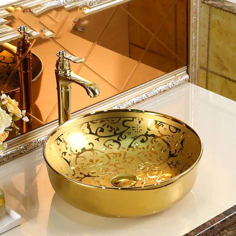 

Европейский стиль, Золотая раковина для столешницы, керамическая плитка, домашняя Золотая круглая раковина для столешницы