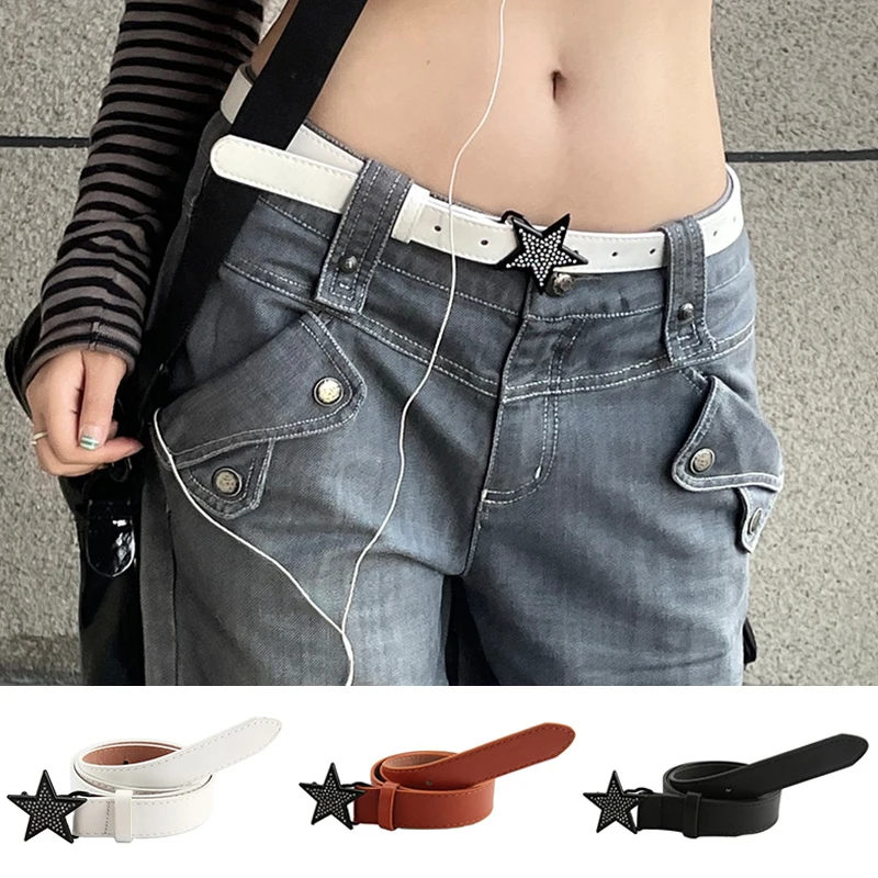 

Fashion Women Waist Belt Black PU Leather Jeans Dress Trouser Waistband Decor Waist Strap Stars Rhinestone Belt Alloy Buckle