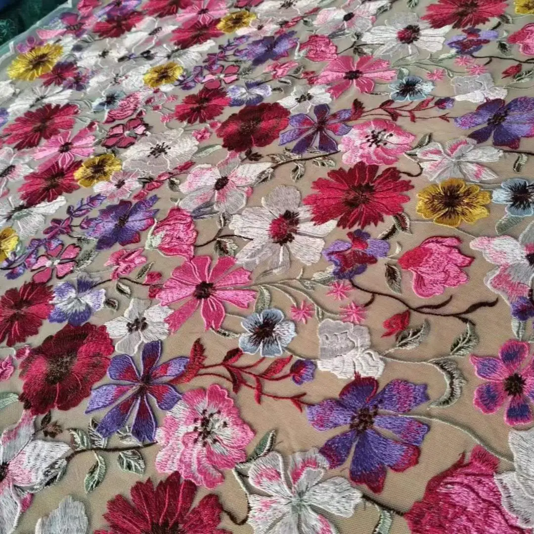 Популярная ткань с 3D вышивкой вышивка цветной нитью французская Тюлевая