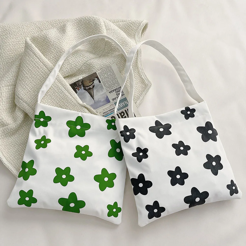

Women Canvas Shoulder Bag Flower Print Daily Reusable Shopping Bags Students Book Bag Cotton Cloth Handbags Large Tote For Girls
