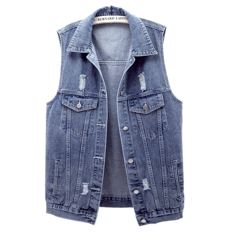 

Vintage Mid Length Holes Denim Vest Women Waistcoat Loose Cowboy Sleeveless Jacket Autumn Big Pocket Casual Jeans Vest Female