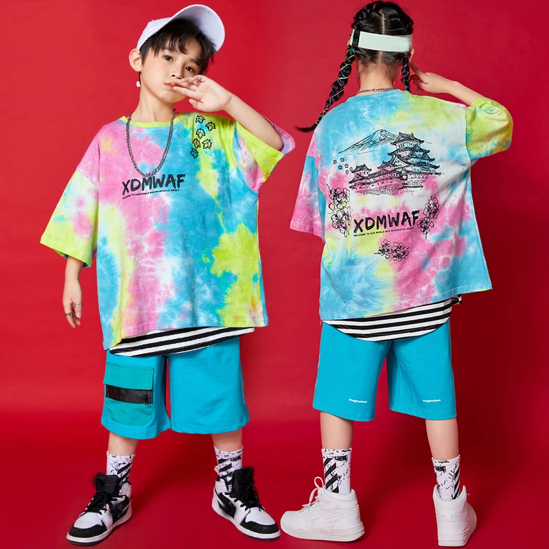 

Jazz Costumes Kids Hip Hop Dancing Clothes Tie-Dye Top Shorts For Girls Boys Street Dancewear Child Performance Outfit SL6377