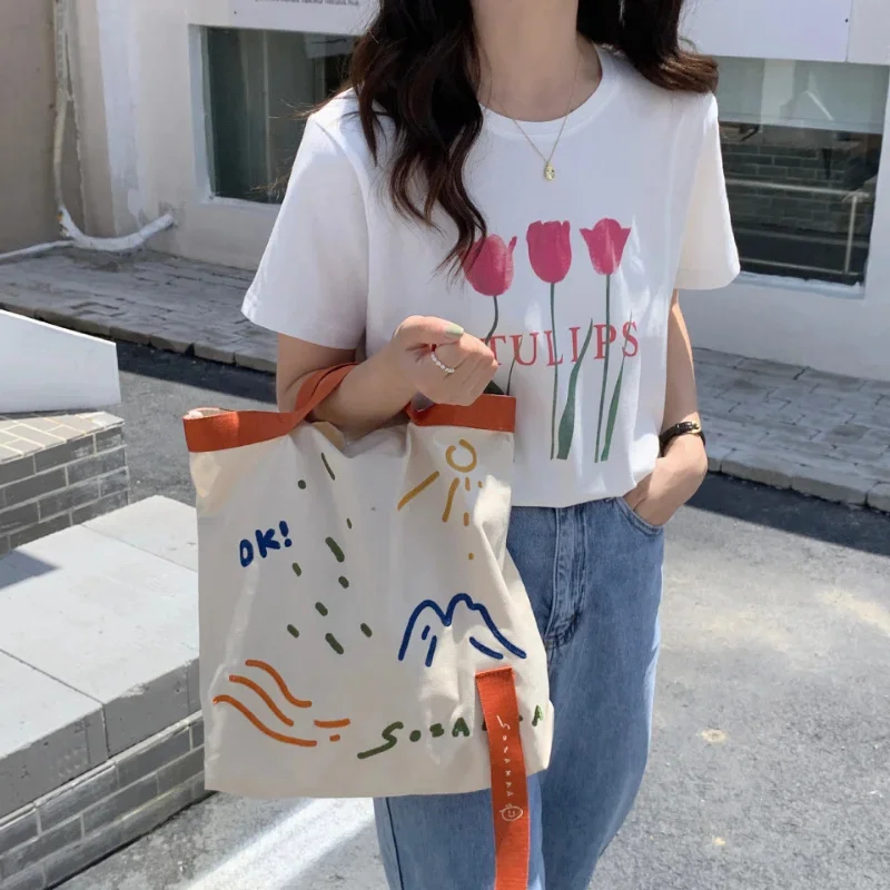 

Collision Color Webbing Canvas Bag Embroidery Shoulder Bag Female Large Capacity Student Handheld Tote Bag Shopping