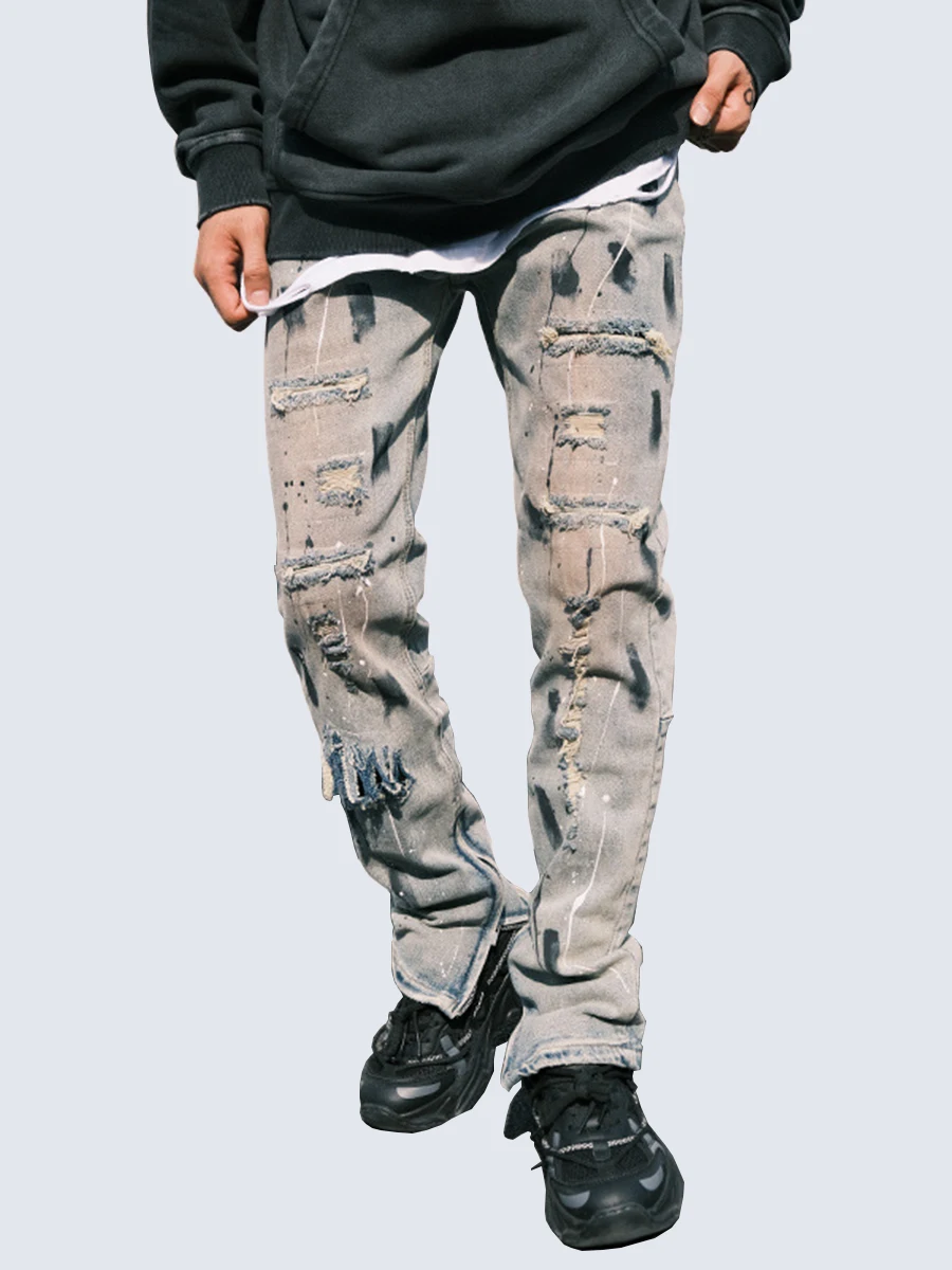 

Four Seasons High Street Splashing Ink Hole Jeans Graffiti Style Men's Straight Trousers Y2k Men's Jeans Streetwear Ins Hot Sale