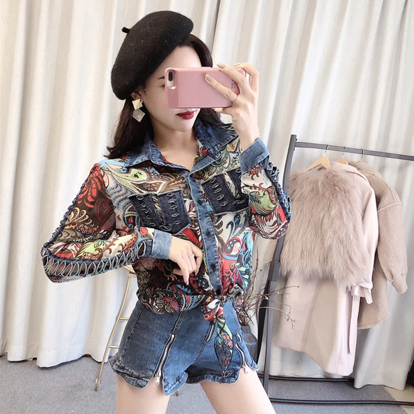 Шикарные женские шифоновые джинсовые рубашки в стиле пэчворк топы с дырками и