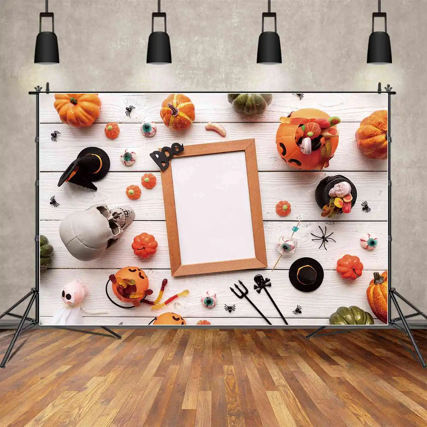 

MOON.QG Backdrop Custom Halloween Party Wood Paper Wall Party Photo Booth Background Children Pumpkin Skull Spider Eye Hat Props
