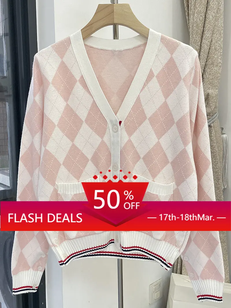 

TB pink and tender plaid with foreign wool sweater women's all-match cardigan V-neck pink sweater sweater British trend