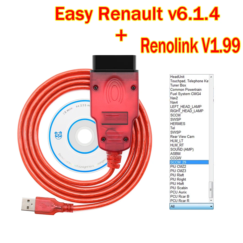 2023 простой диагностический интерфейс Renault v6.1.4 + Renolink V1.99 OBD2 для автомобилей Renault, программатор ECU, считыватели кодов подушек безопасности