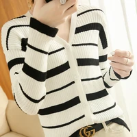 striped knitted sweater womens thin design sensation niche spring and autumn pure cotton cardigan v neck shirt jacket