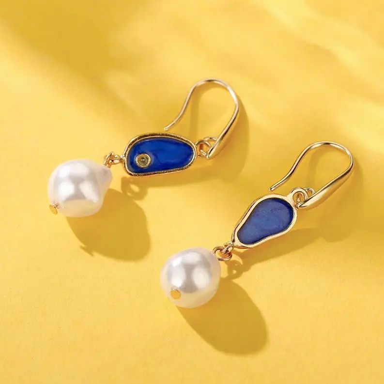 

Irregular Pearl Earrings for Women Personality Fashion Blue Drop Oil Earrings on Instagram Popular Accessories