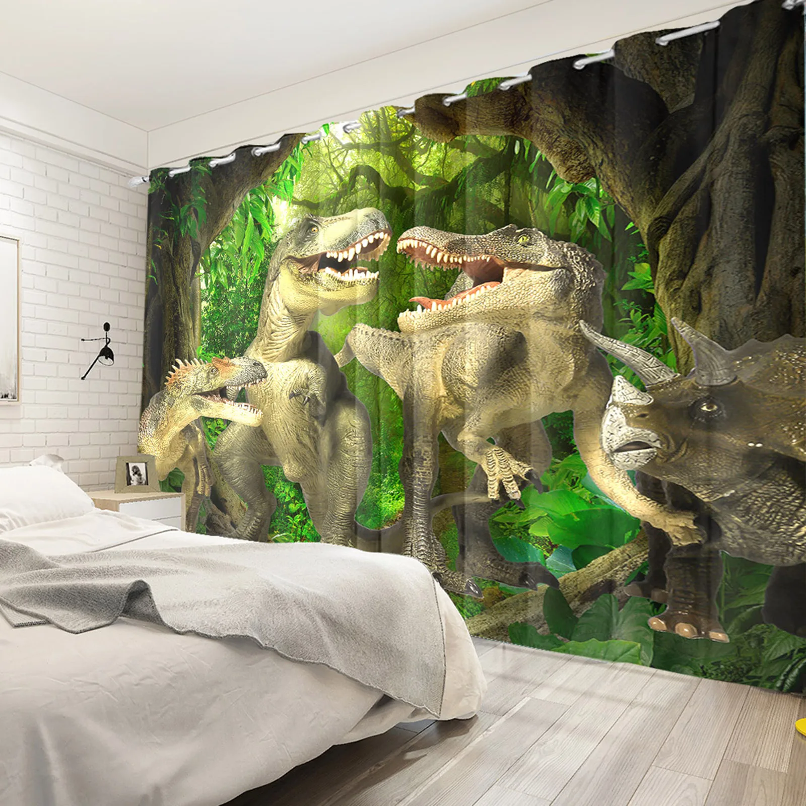 

Laeacco Lifelike Jurassic Dinosaur 3D Printed Window Curtains Brave Boy Bedroom Treatment Drapes High Blackout