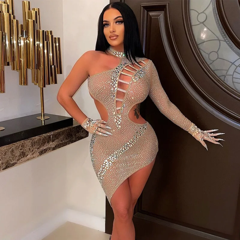 

WUHE Hot Rhinestones Hollow Out Backless Irregular One Long Sleeve Bodycon Women Dress Party Diamonds Pencil Vestidos