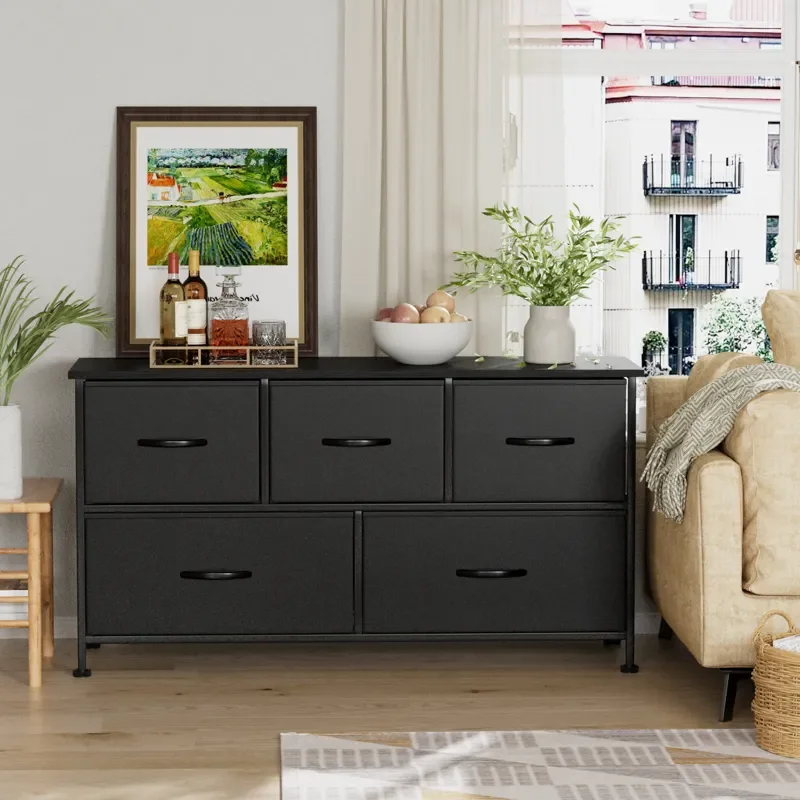 

Fashionable Black 5 Drawers Wide Chest of Fabric Dresser for Perfect Bedroom.