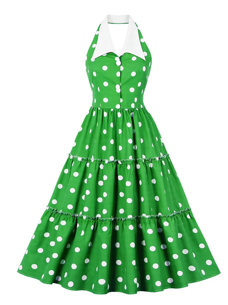 

Женское винтажное платье с лямкой на шее, фиолетовое или зеленое платье в горошек, трапециевидного силуэта, в стиле ретро 50-60-х годов, для вечеринки, Y2K, 2023