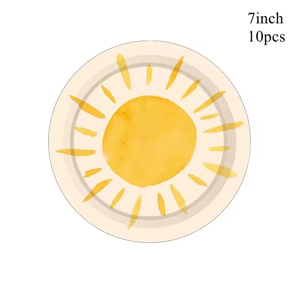 

Тема солнца, искусственная одноразовая посуда, бумажные салфетки, чашки, тарелки, скатерти, солома