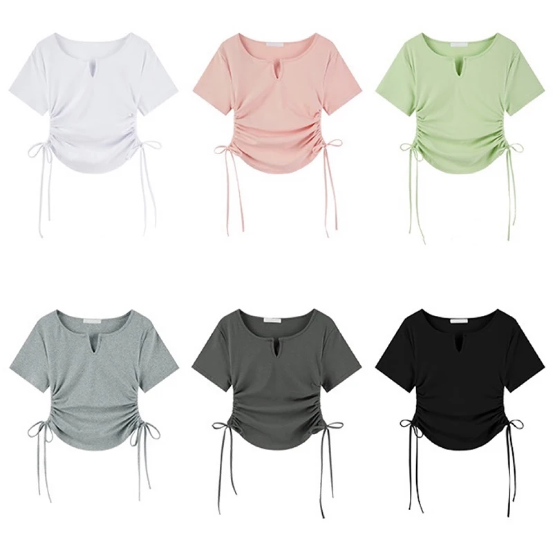 

Slim Fit Drawstring Short Sleeved T-shirt Slim v-neck Front Shoulder All-match Stretch Top Women 2022