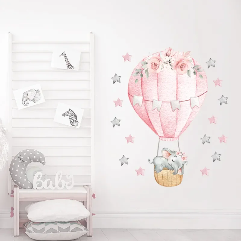 

Watercolor Pink Hot Air Balloon Wall Stickers for Baby Nursery Room Decoration Wall Decals Baby Elephant Home Decoration PVC