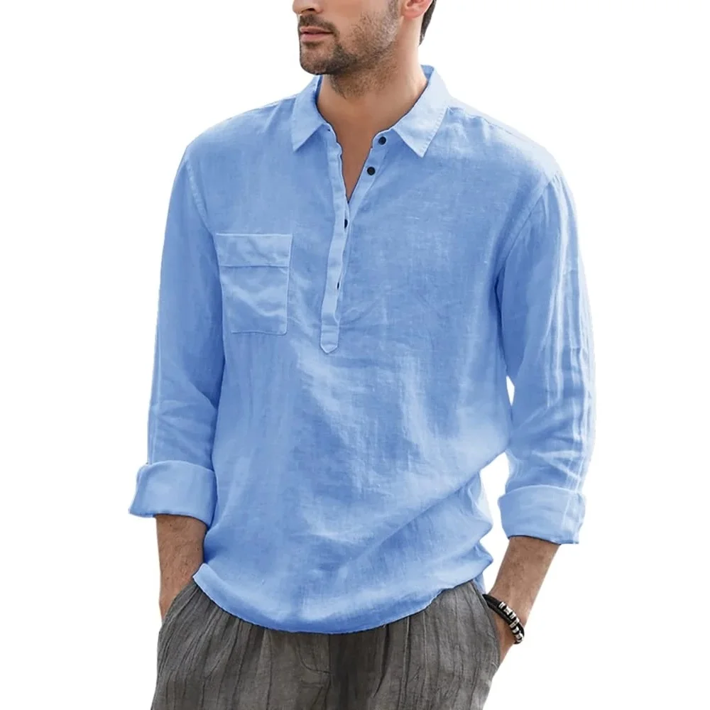 

Cotton Linen Men Shirt Spring Fall Long Sleeve Men Clothing Business Lapel Pocket Man Pullover Casual Top Camisas De Hombre