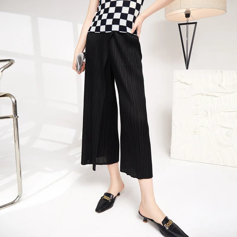 Black Trousers Women Miyake Pleated 2022 Summer Irregular Design High Waist Solid Color Stretch Loose Casual Pants Ankle Length