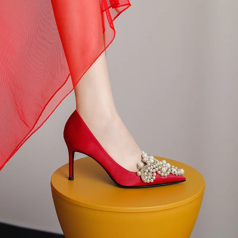 

Женские свадебные туфли, красные туфли на тонком высоком каблуке 8 см, с неглубоким носком и бусинами, 41 42 43