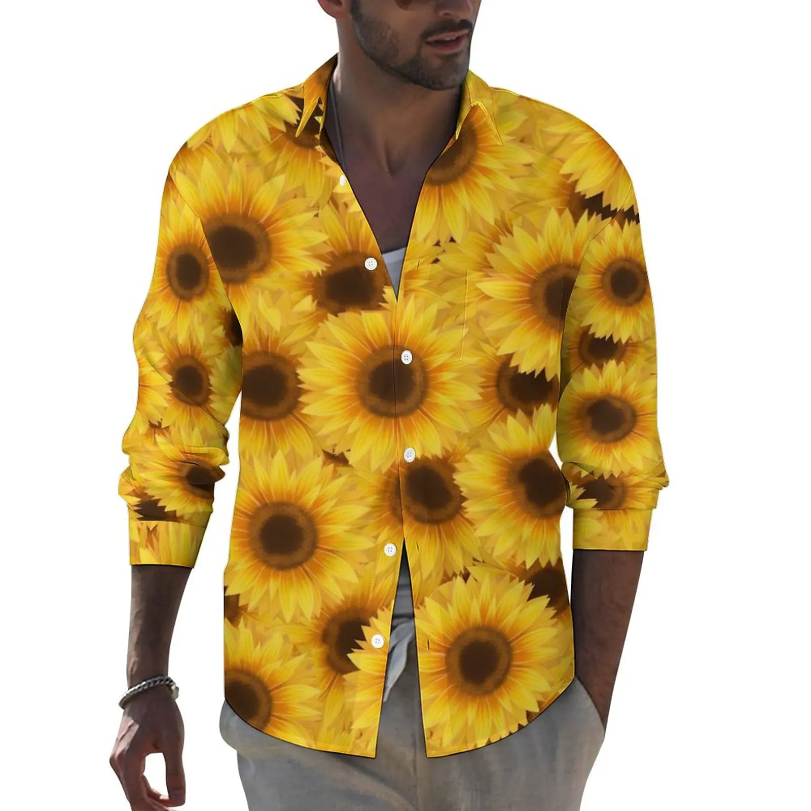 

Sunflower Print Funny Casual Shirt Men Nature Flower Shirt Autumn Fashion Blouses Long Sleeve Custom Oversized Top