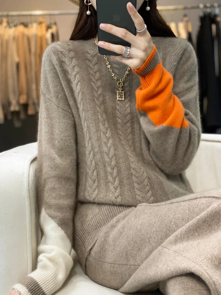 Autumn/Winter New 100% Pure Wool Sweater Casual Splice Knitwear Pull Thickened Round Neck Women's Top Overside Loose Pullover