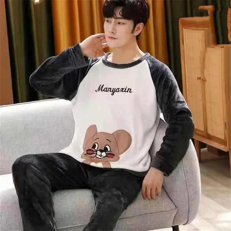 

Теплая Пижама Зимняя Повседневная Длинная мультяшная Мода Полный комплект Женская Мужская домашняя одежда Фланелевая Пижама женская толс...