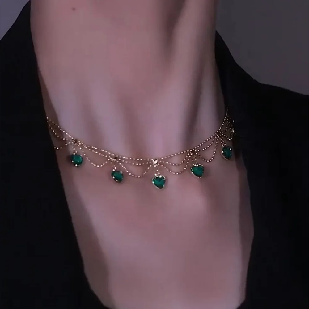 

YOUNGX Vintage Emerald Zircon Heart Necklace 2023 Luxury Layered Shiny Green Crystal Choker For Women Jewelry Party Gift