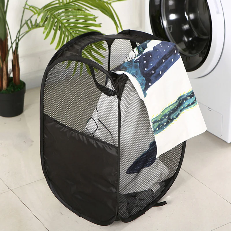 Mesh Folding Laundry Basket Home Bathroom Dirty Clothes Storage Basket with Durable Handles Portable Laundry Organizer Hamper
