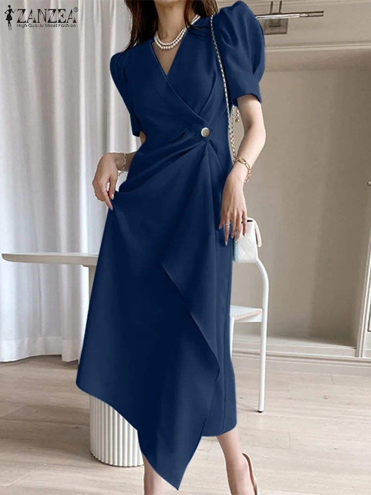 

Fashion Short Puff Sleeve Dress ZANZEA Elegant Women Party V-neck Draped Wrap Dresses Summer Irregular Solid Color OL Vestidos