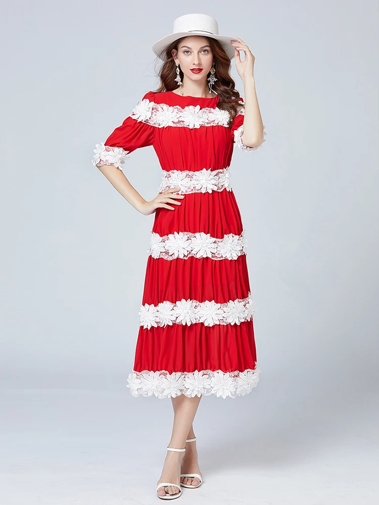 

Fashion women dress Designer Summer Red frock Women's Short sleeve Splicing Lace Applique Elegant Vacation Party Midi Dress