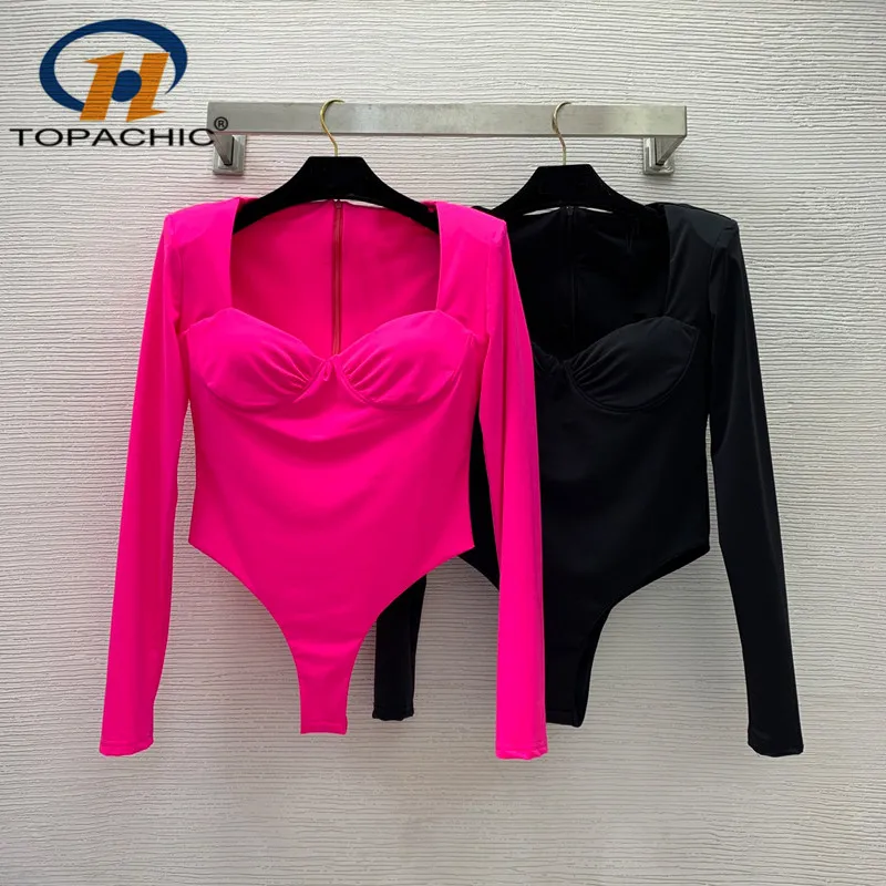 

4.27 High Quality Sexy Spicy Girl Strapless Bodysuit High Stretch Solid Long Sleeve Square Collar Top