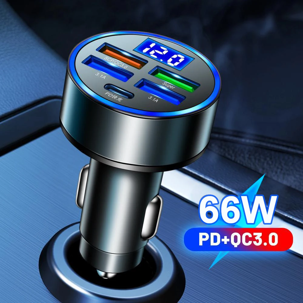 66W Car Charger QC3.0+PD USB Fast Charging 5-Port 4 USB+1 PD Cigarette Lighter Phone Digital Voltmeter