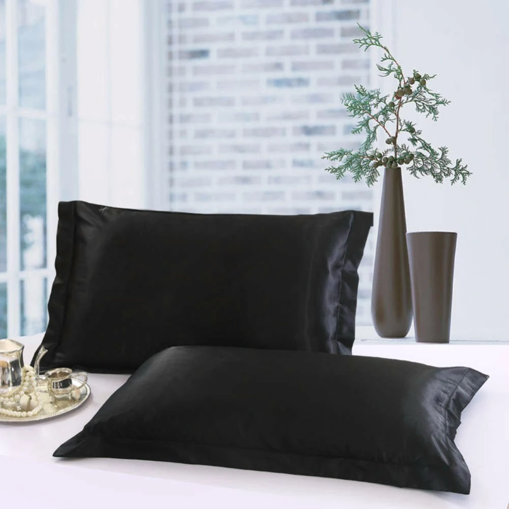 

Black Satin Silk Pillowcase Cover One Pair Solid Color Ice Silk Pillow Case 48*74cm Women Girls Adult Pillow Cover Free Shipping