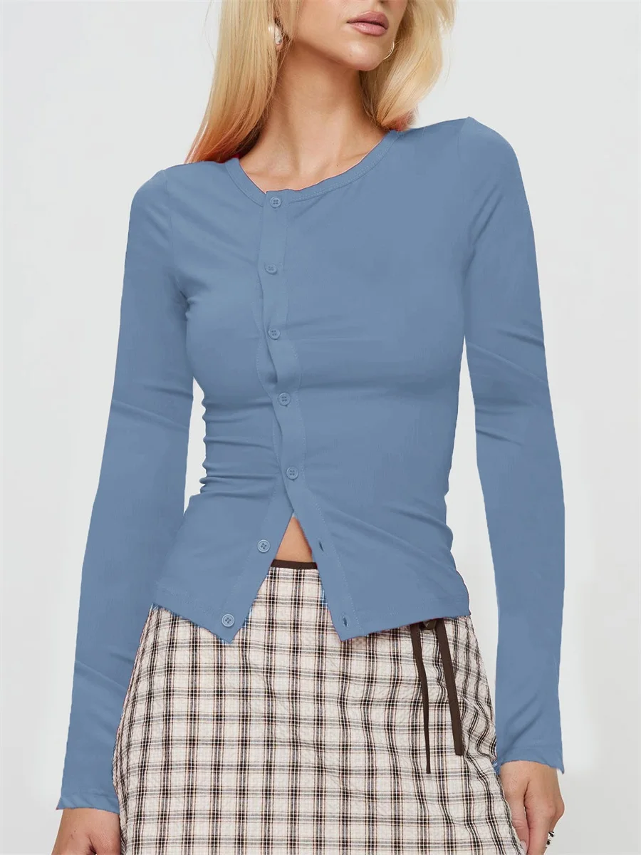 2024 ранняя осень женская узкая рубашка модный однотонный кардиган с круглым