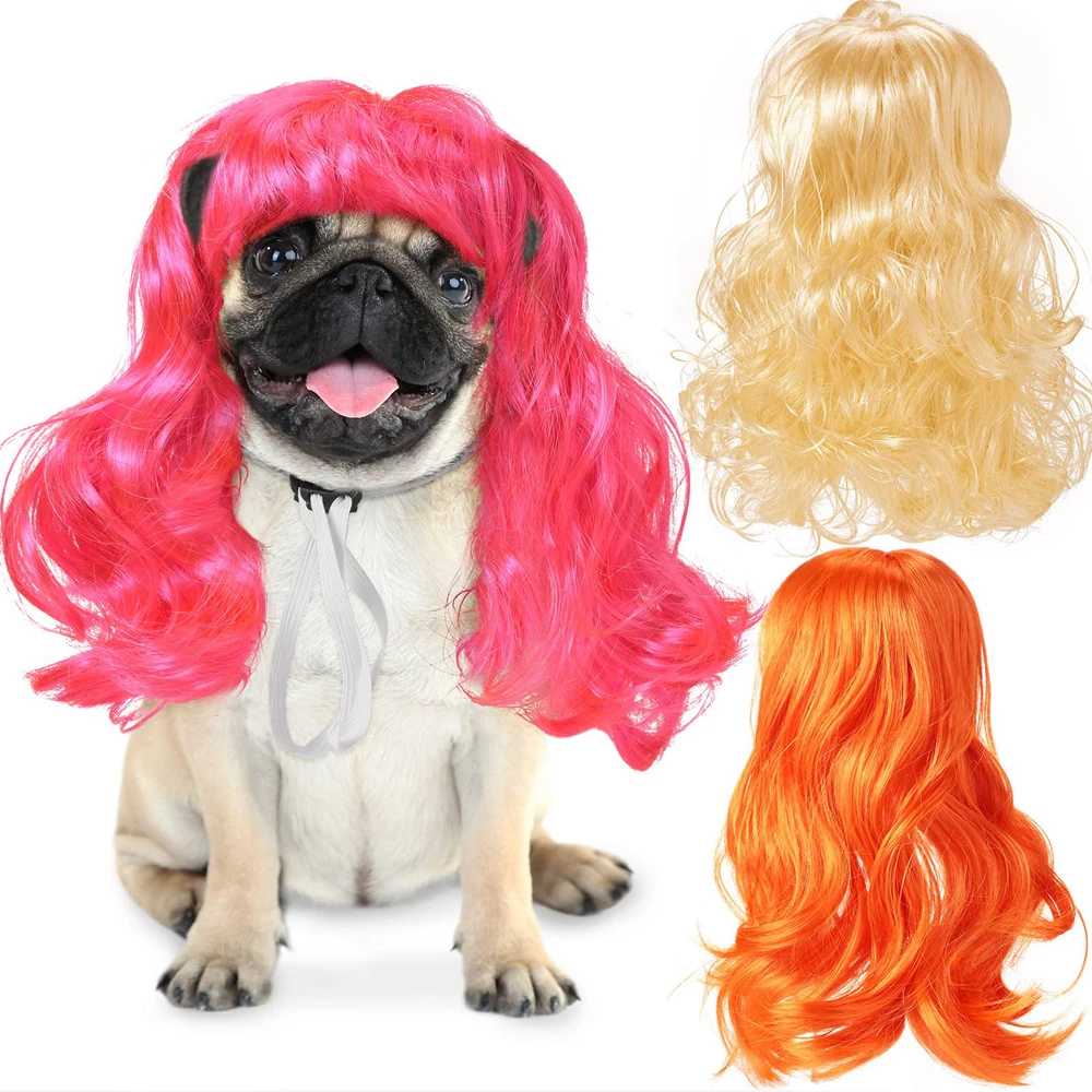 

Pet Wigs Cats and Dogs Wigs Funny Cosplay Pet Headwear Dog Cat Wigs in Pink Orange Gold with Adjustable Elastic Bands for Pet