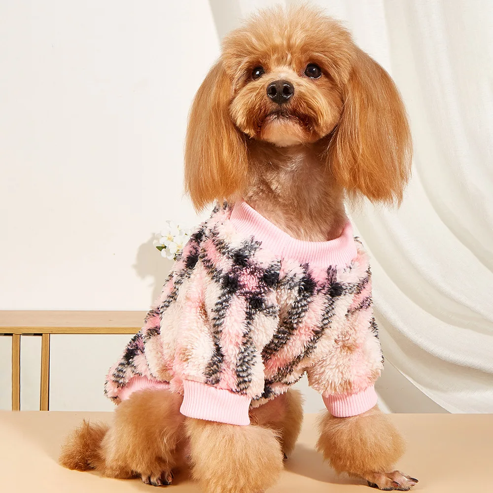 

Pink plaid plush sweatshirt autumn and winter warm cat clothes dog clothes