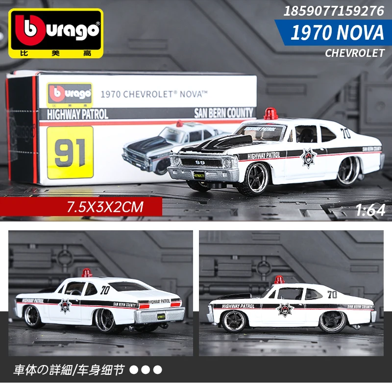 

Миниатюрная модель автомобиля CHEVROLET NOVA из сплава Bburago 1:64 1970, литые копии автомобиля, коллекционная игрушка для мальчиков, подарки